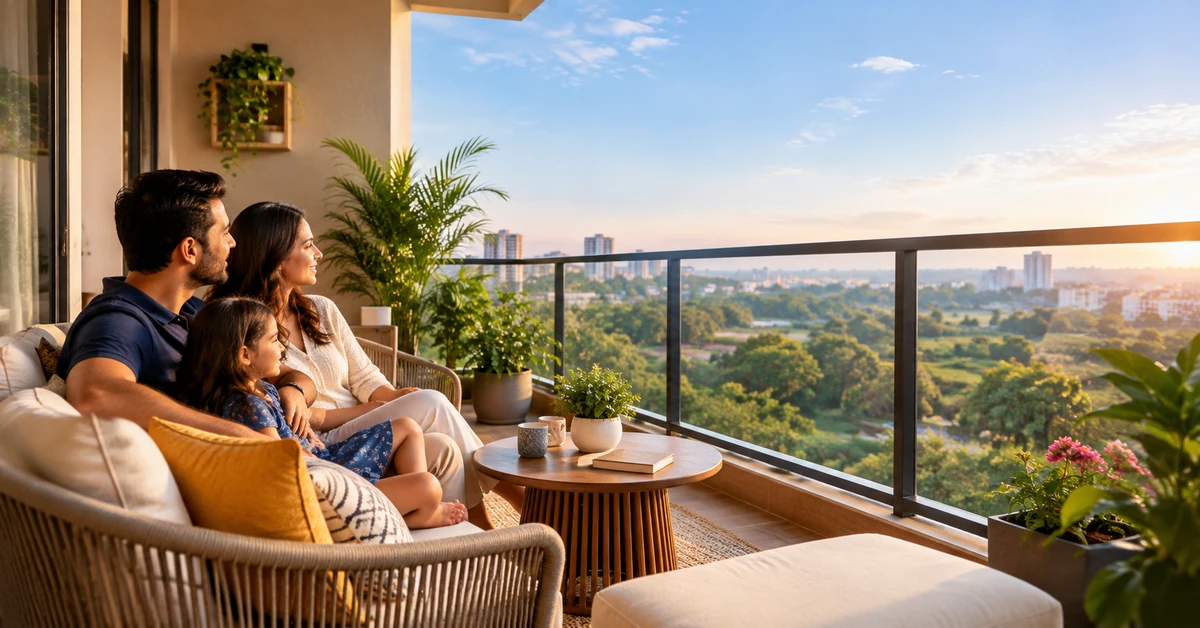 Family relaxing on a spacious apartment balcony in Sarjapur Road