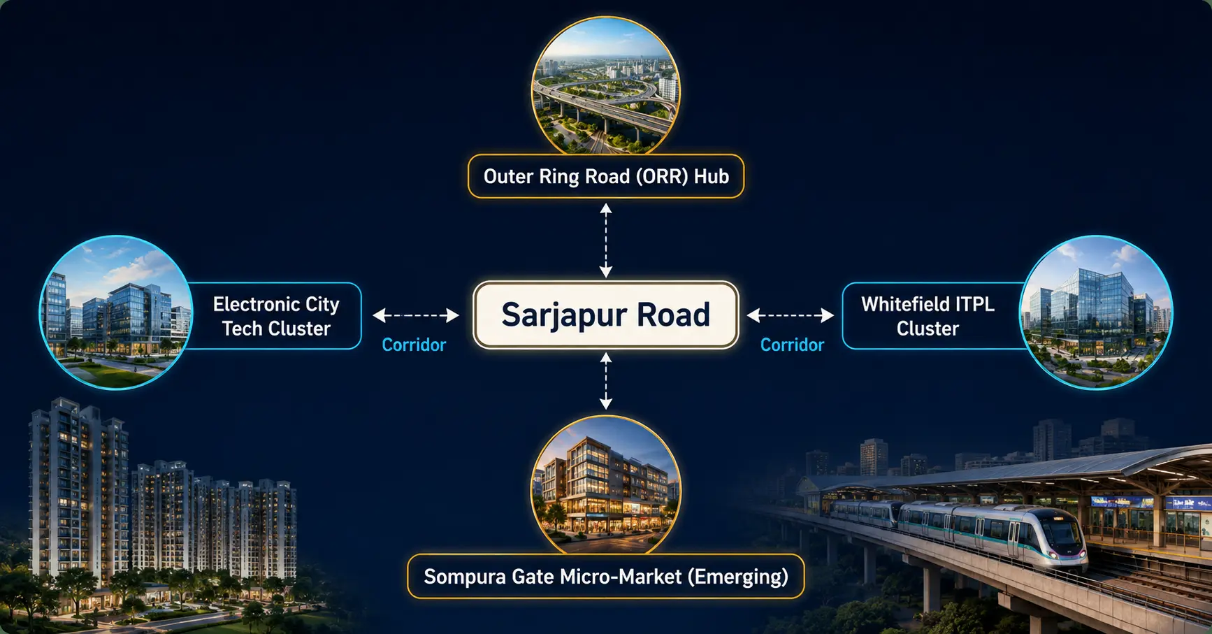 Sarjapur Road connectivity hub linking ORR, Electronic City, Whitefield ITPL and Sompura Gate in Bangalore