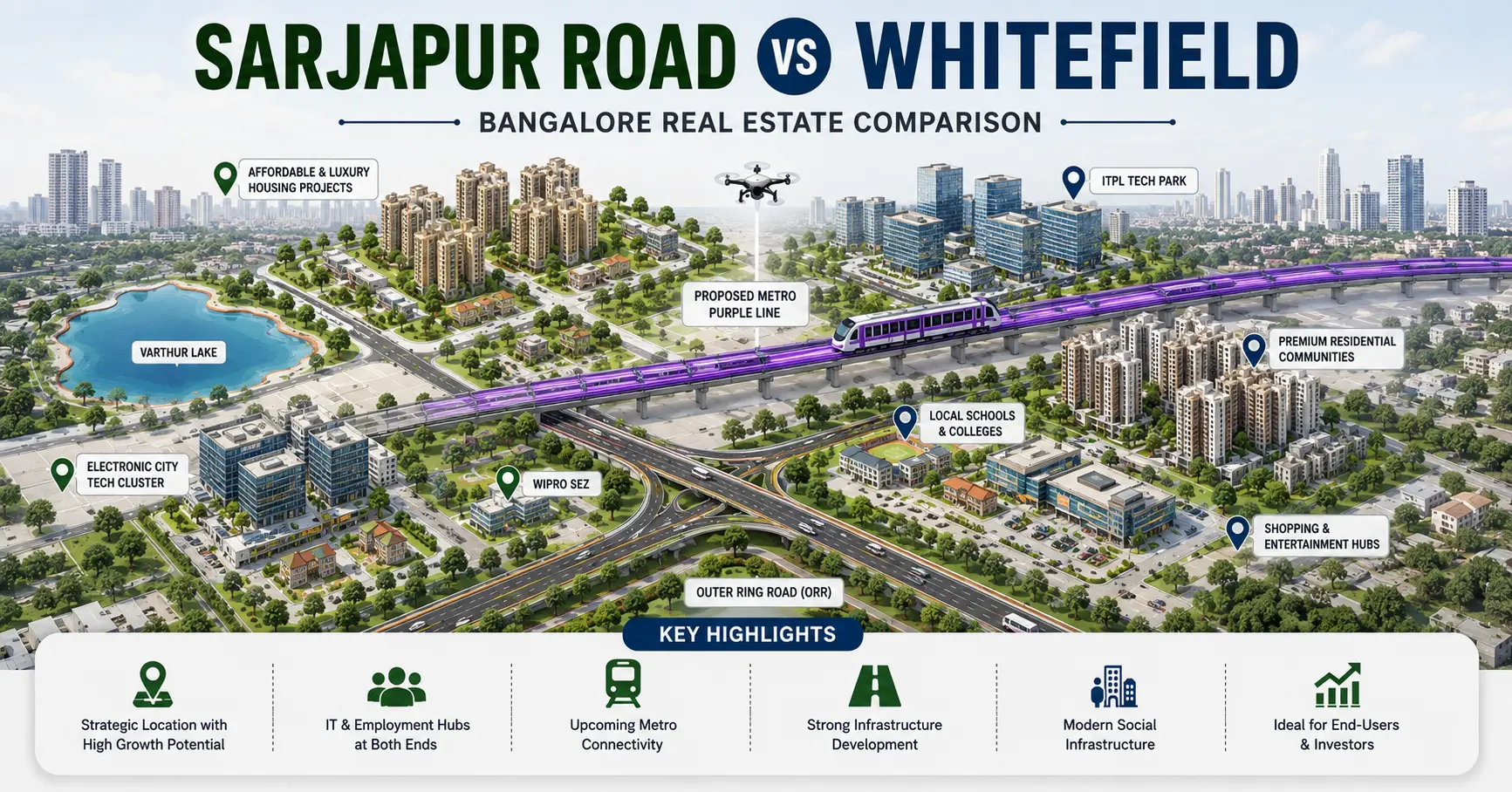Sarjapur Road vs Whitefield Bangalore real estate comparison showing connectivity, IT hubs, infrastructure, metro access and investment potential